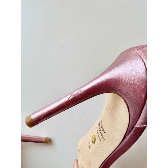 STUART WEITZMAN Nudist Bow 100 Pink Metallic Leather High Heel Sandals, Size 6.5 - Picture 13 of 16